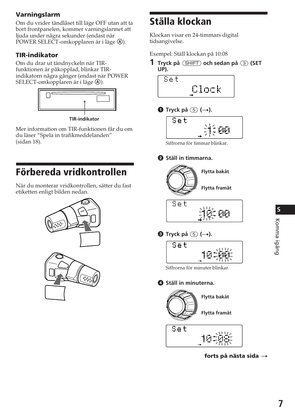 Ställa klockan, Förbereda vridkontrollen, Varningslarm | Tir-indikator | Sony CDX-C780R User Manual | Page 115 / 144