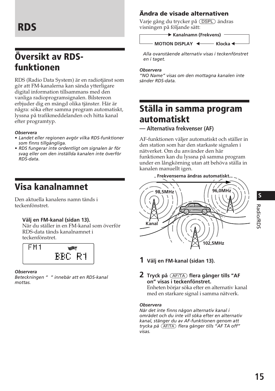 Översikt av rds- funktionen, Visa kanalnamnet, Ställa in samma program automatiskt | Sony CDX-C780R User Manual | Page 123 / 144