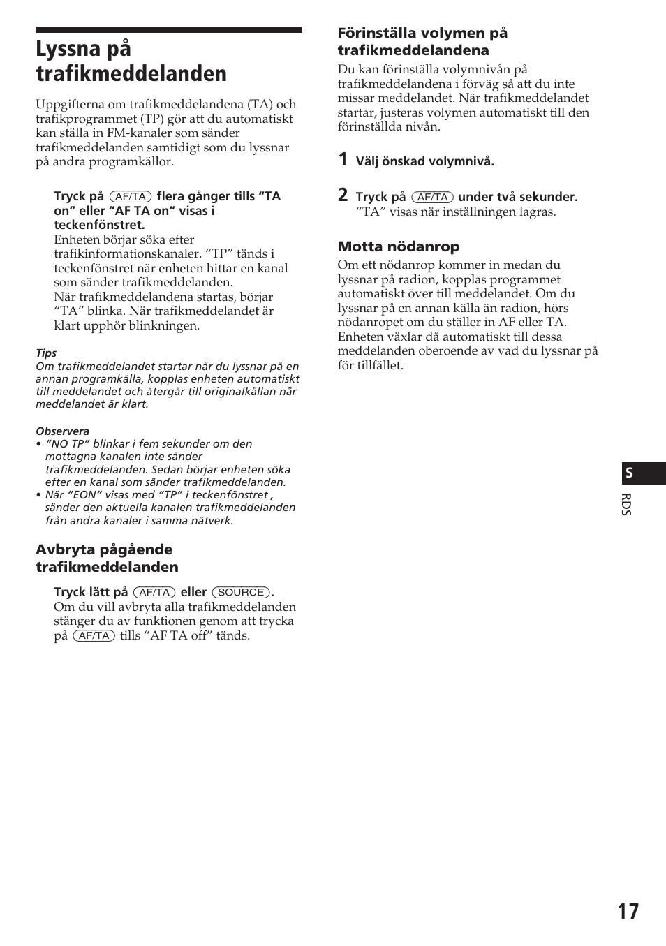 Lyssna på trafikmeddelanden | Sony CDX-C780R User Manual | Page 125 / 144