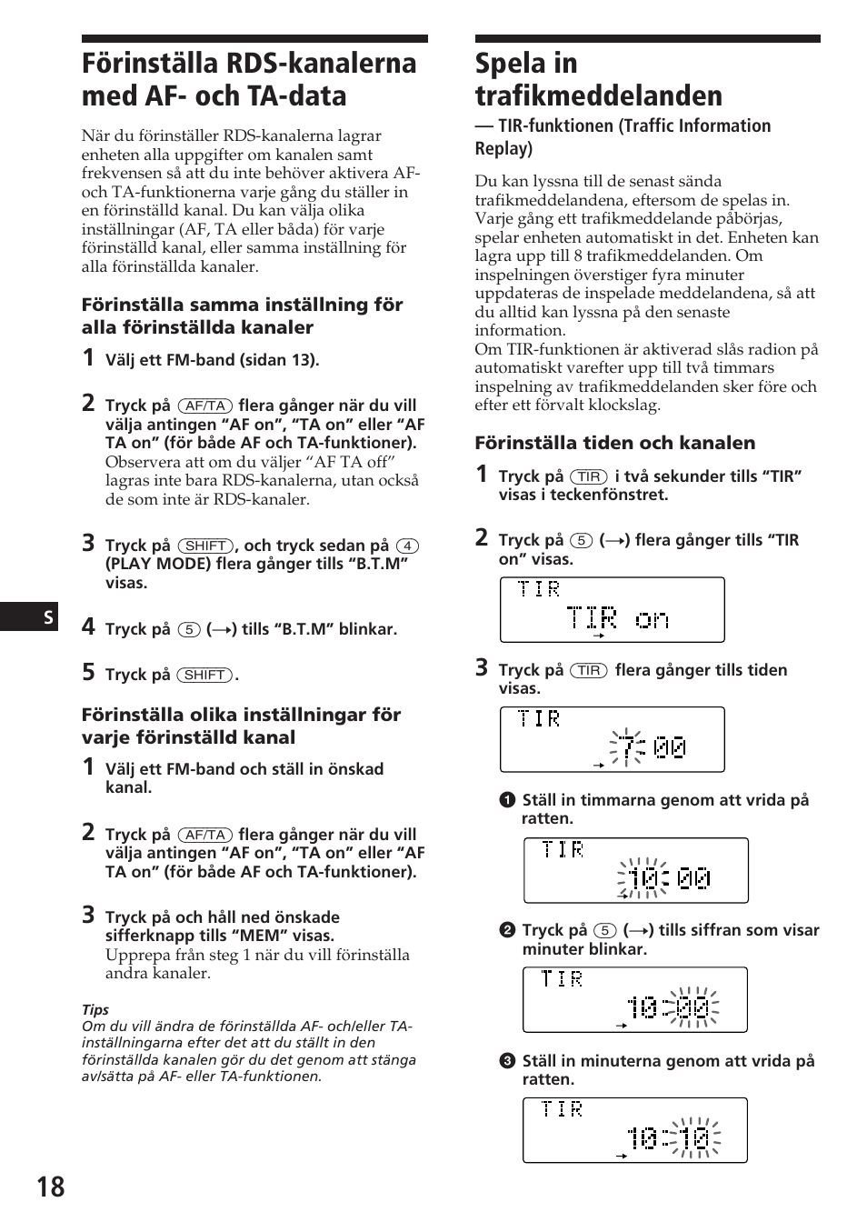 Förinställa rds-kanalerna med af- och ta-data, Spela in trafikmeddelanden | Sony CDX-C780R User Manual | Page 126 / 144