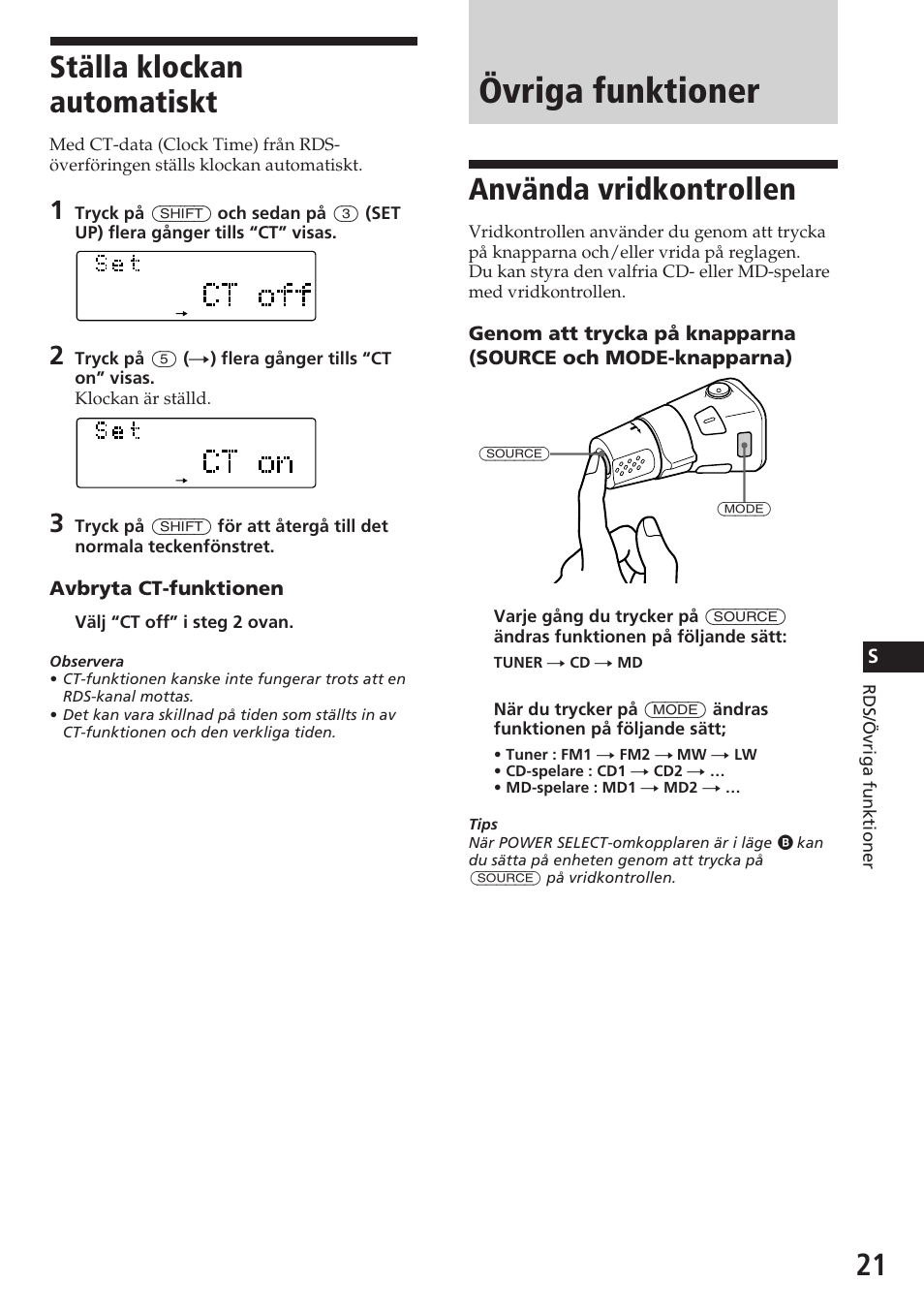 Övriga funktioner, Använda vridkontrollen, Ställa klockan automatiskt | Sony CDX-C780R User Manual | Page 129 / 144