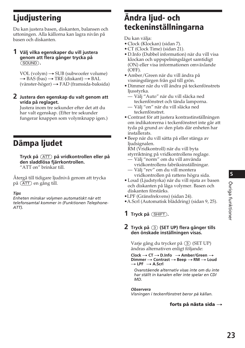 Ändra ljud- och teckeninställningarna, Ljudjustering, Dämpa ljudet | Sony CDX-C780R User Manual | Page 131 / 144