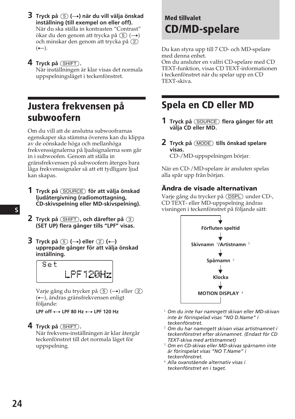 Cd/md-spelare, Justera frekvensen på subwoofern, Spela en cd eller md | Sony CDX-C780R User Manual | Page 132 / 144