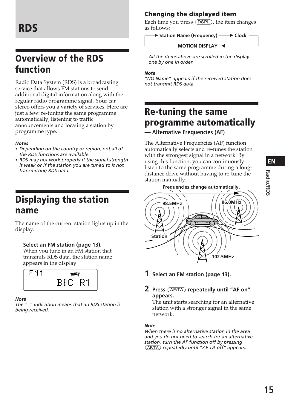 Overview of the rds function, Displaying the station name, Re-tuning the same programme automatically | Sony CDX-C780R User Manual | Page 15 / 144