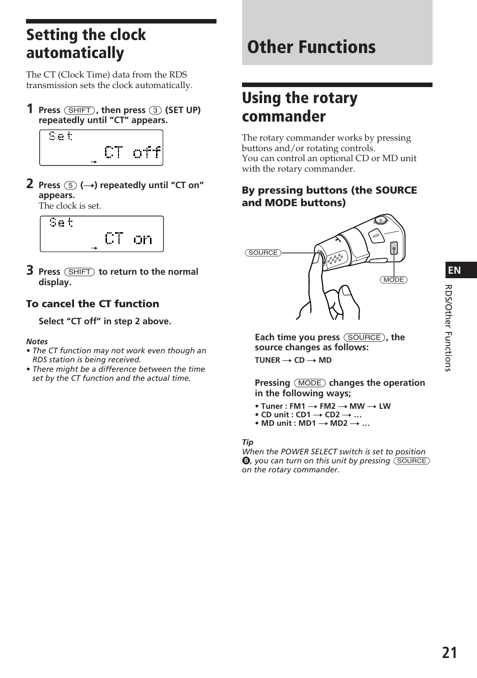 Other functions, Using the rotary commander, Setting the clock automatically | Sony CDX-C780R User Manual | Page 21 / 144