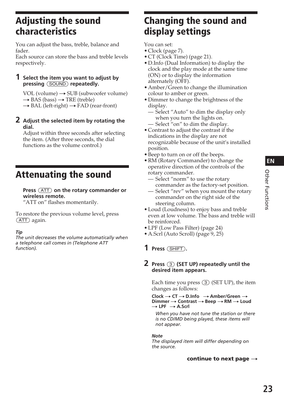 Adjusting the sound characteristics, Attenuating the sound, Changing the sound and display settings | Sony CDX-C780R User Manual | Page 23 / 144