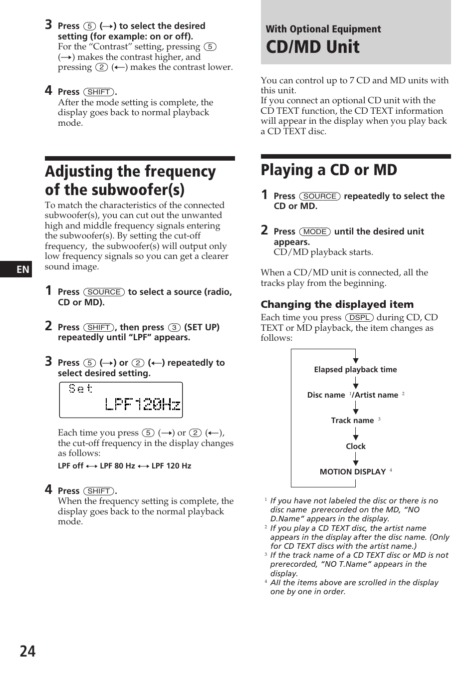 Cd/md unit, Playing a cd or md, Adjusting the frequency of the subwoofer(s) | Sony CDX-C780R User Manual | Page 24 / 144