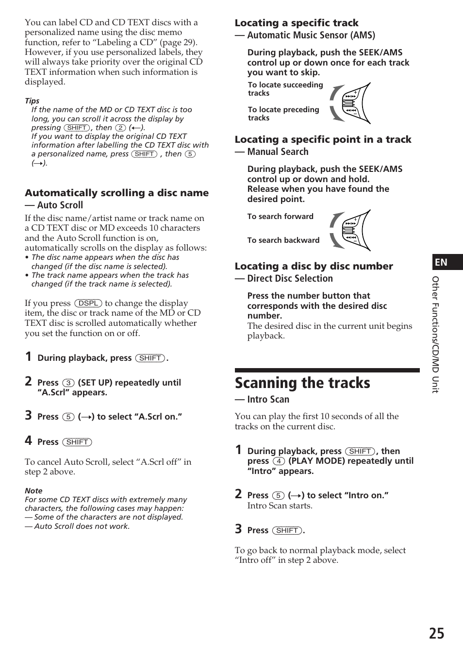 Scanning the tracks | Sony CDX-C780R User Manual | Page 25 / 144