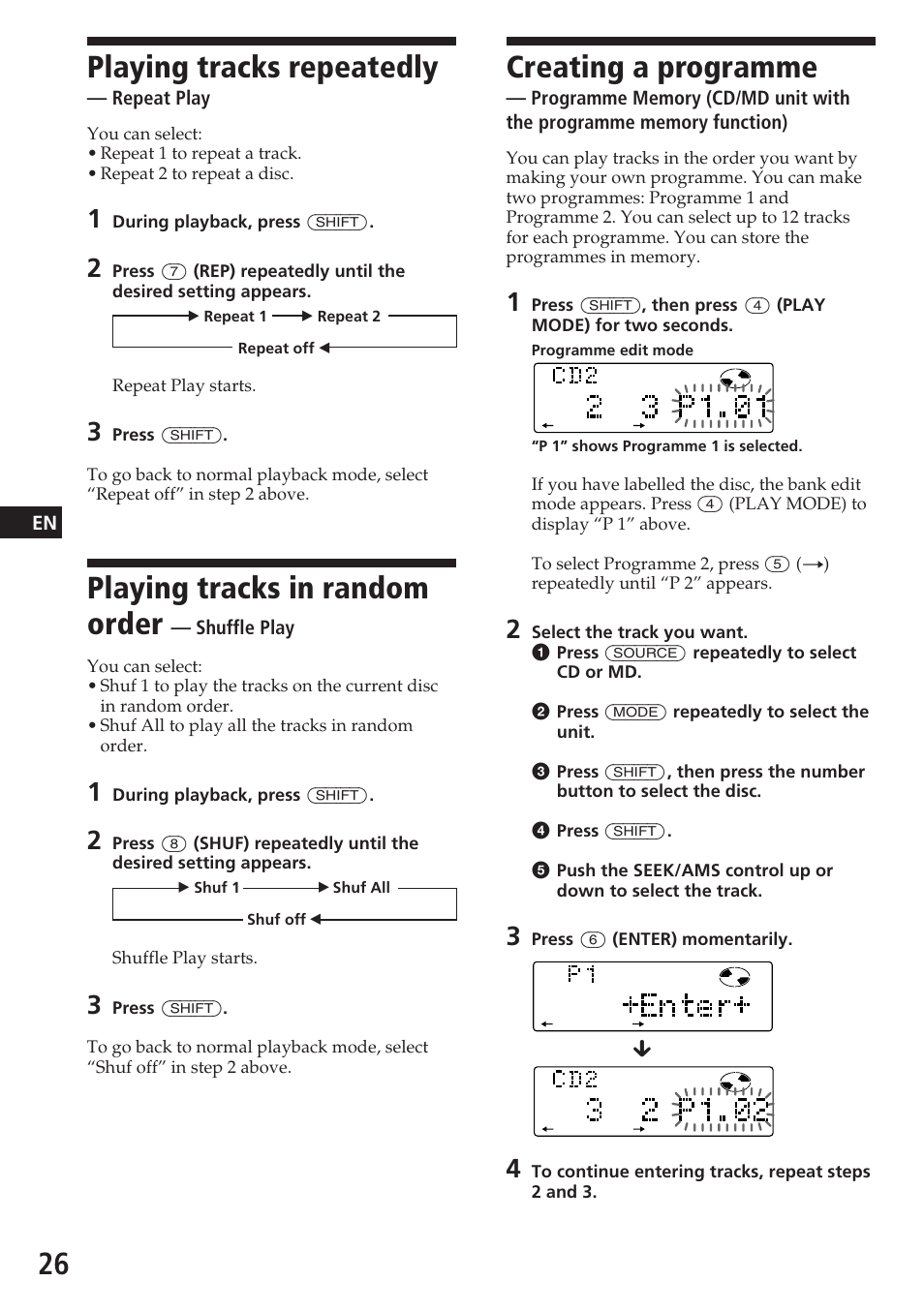 Creating a programme, Playing tracks repeatedly, Playing tracks in random order | Sony CDX-C780R User Manual | Page 26 / 144
