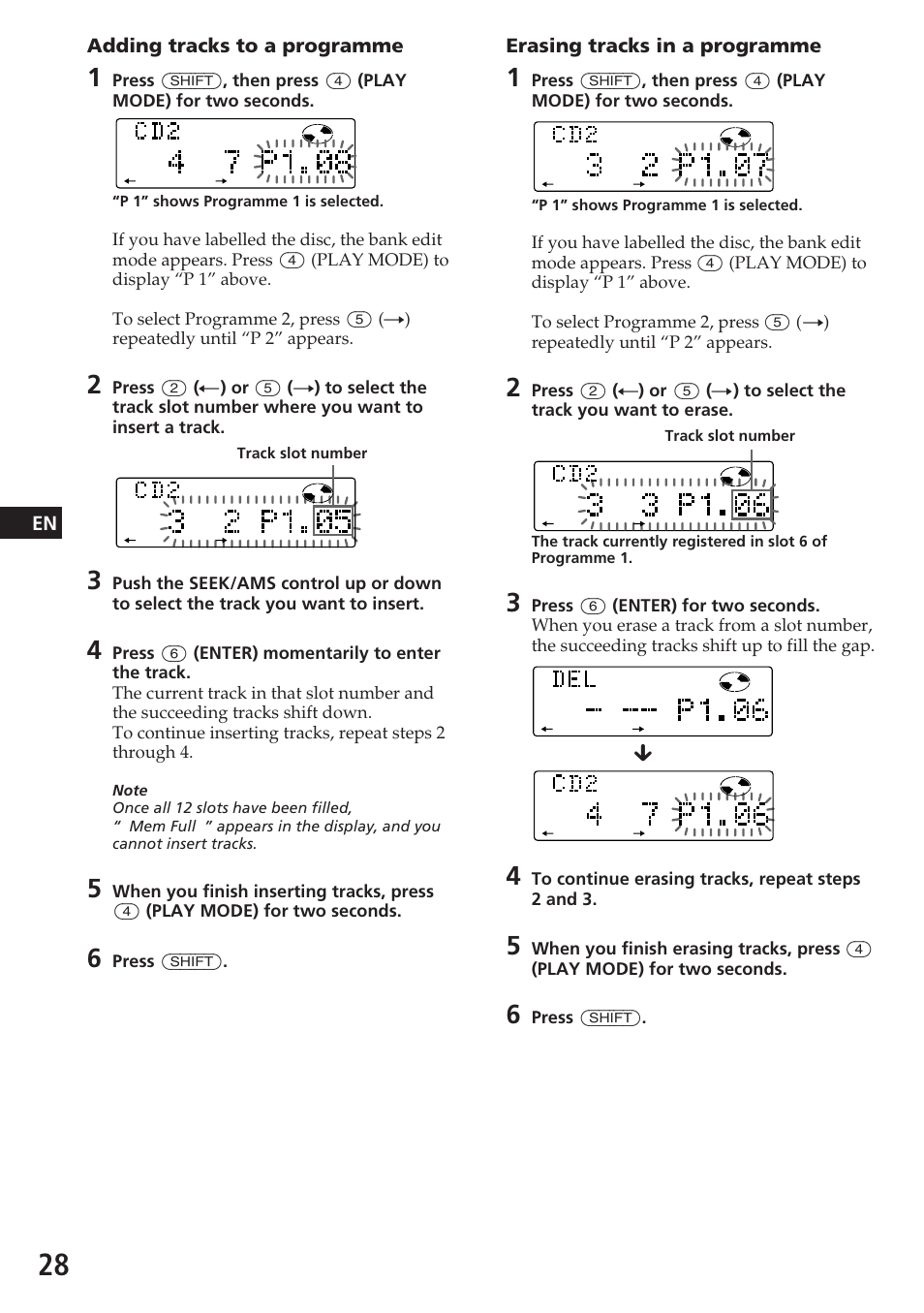 En erasing tracks in a programme, Adding tracks to a programme | Sony CDX-C780R User Manual | Page 28 / 144