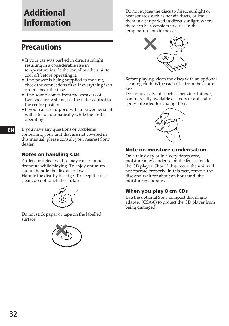 Additional information, Precautions | Sony CDX-C780R User Manual | Page 32 / 144