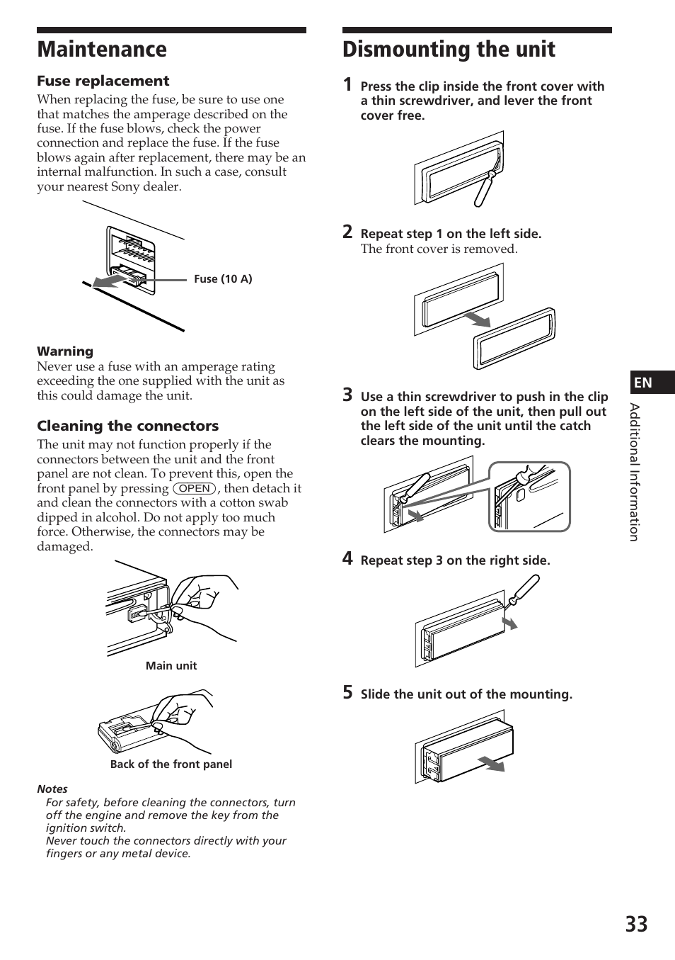 Maintenance, Dismounting the unit | Sony CDX-C780R User Manual | Page 33 / 144