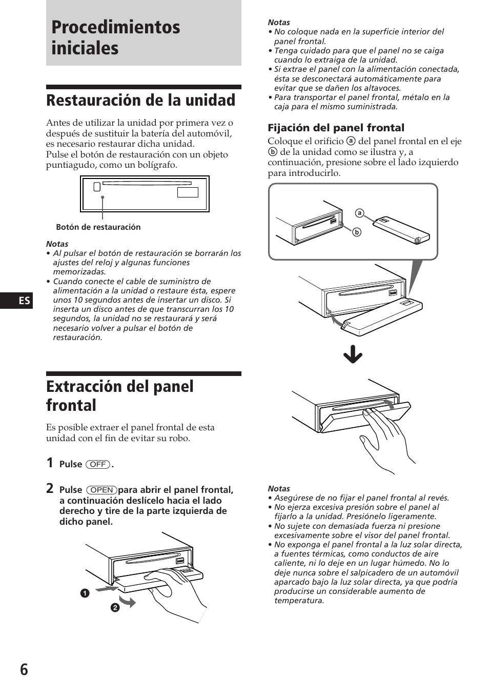 Procedimientos iniciales, Restauración de la unidad, Extracción del panel frontal | Sony CDX-C780R User Manual | Page 42 / 144