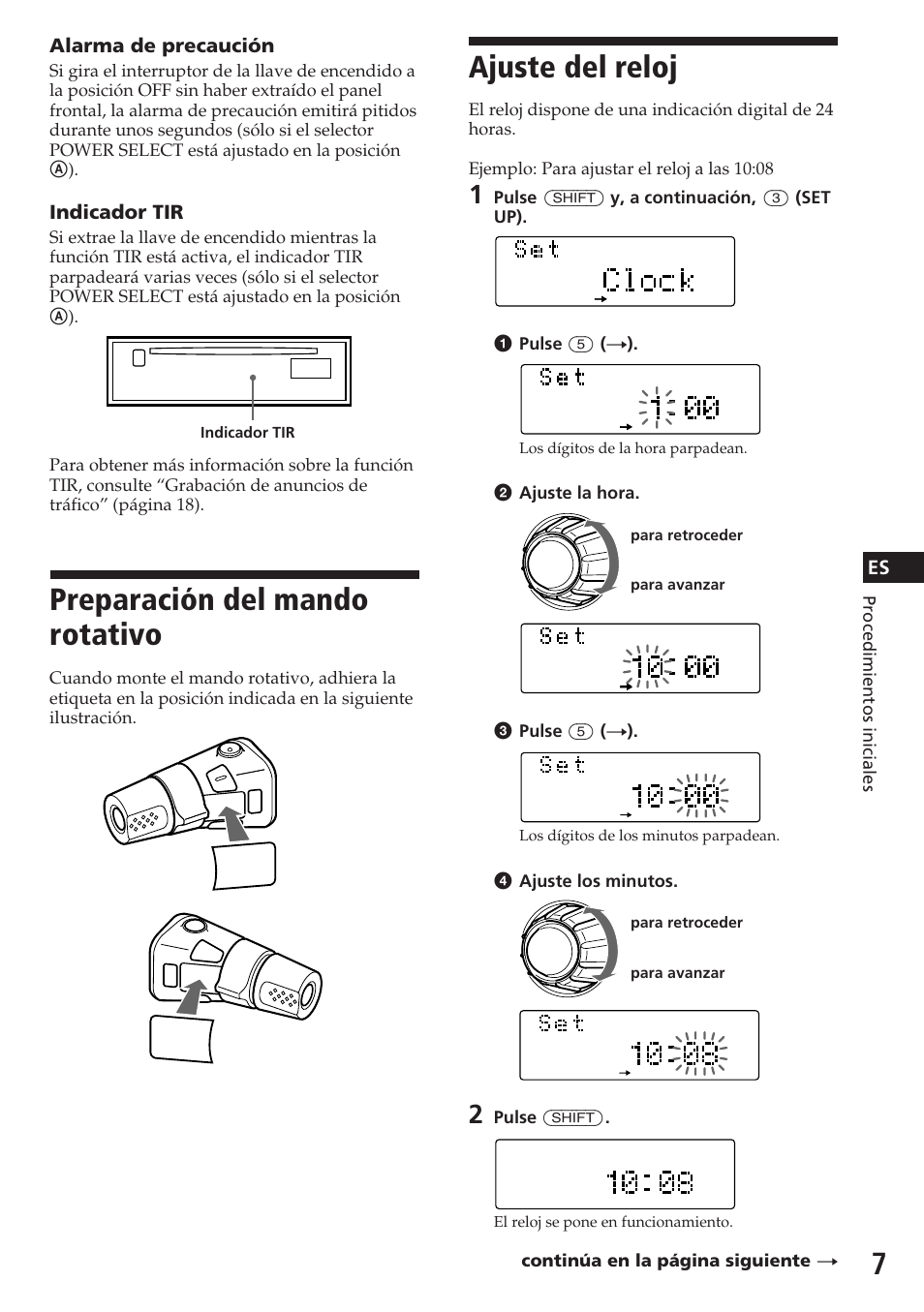 Ajuste del reloj, Preparación del mando rotativo, Alarma de precaución | Indicador tir | Sony CDX-C780R User Manual | Page 43 / 144