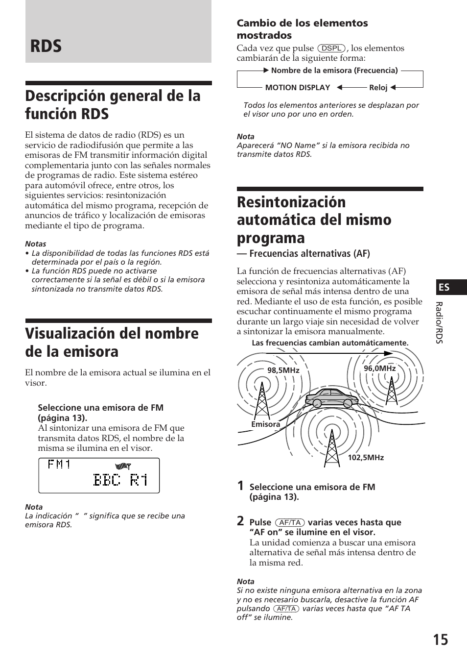 Descripción general de la función rds, Visualización del nombre de la emisora, Resintonización automática del mismo programa | Sony CDX-C780R User Manual | Page 51 / 144