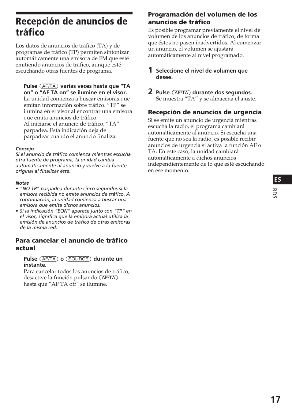 Recepción de anuncios de tráfico | Sony CDX-C780R User Manual | Page 53 / 144