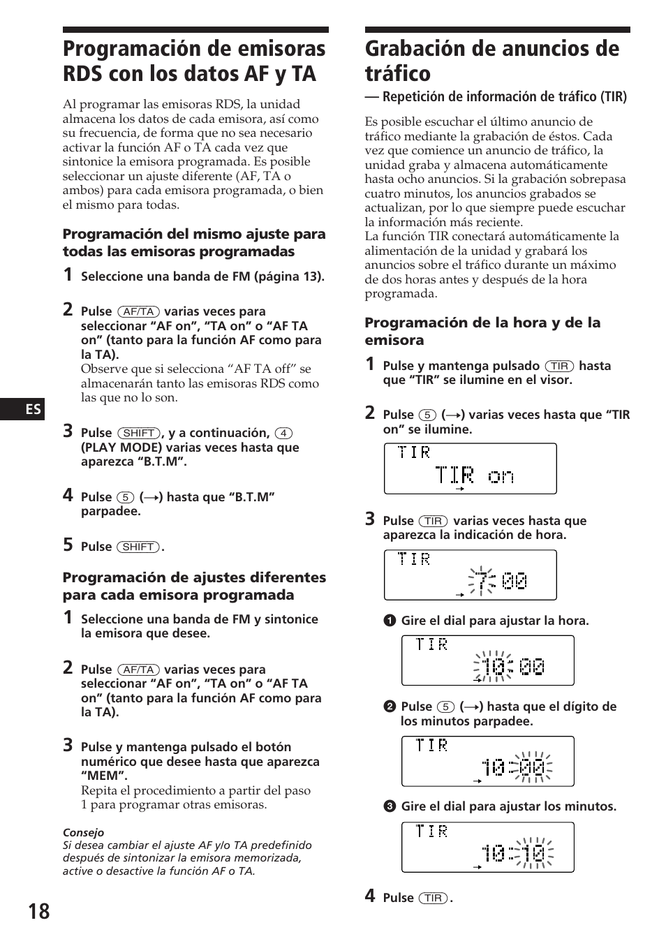 Programación de emisoras rds con los datos af y ta, Grabación de anuncios de tráfico | Sony CDX-C780R User Manual | Page 54 / 144