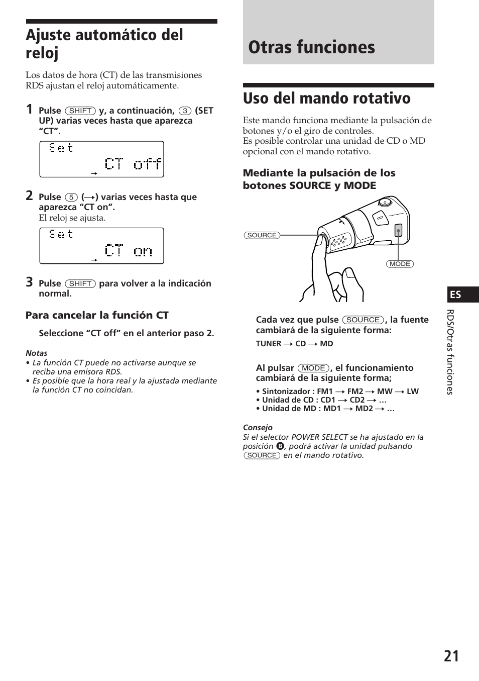 Otras funciones, Ajuste automático del reloj, Uso del mando rotativo | Sony CDX-C780R User Manual | Page 57 / 144