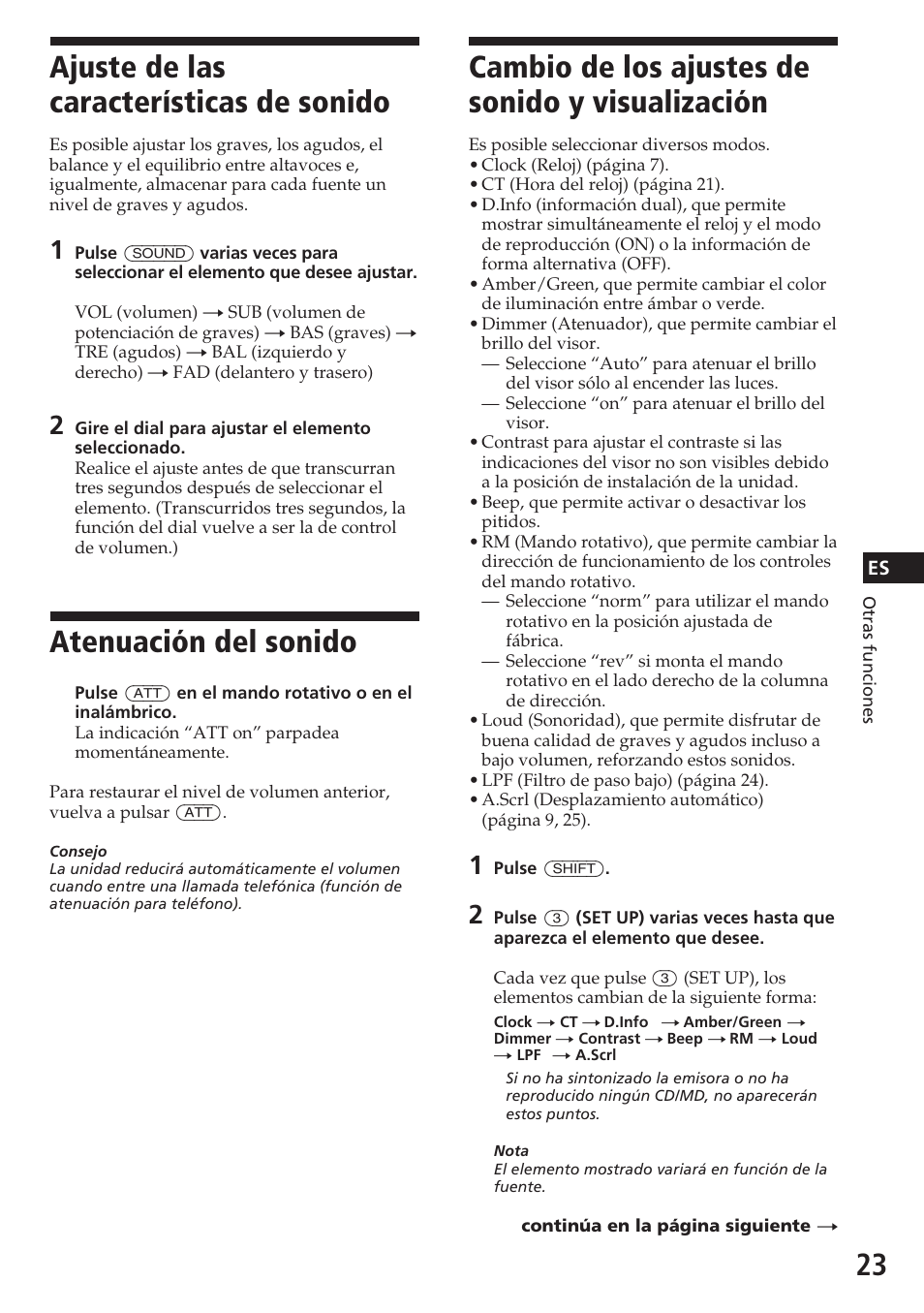 Cambio de los ajustes de sonido y visualización, Ajuste de las características de sonido, Atenuación del sonido | Sony CDX-C780R User Manual | Page 59 / 144
