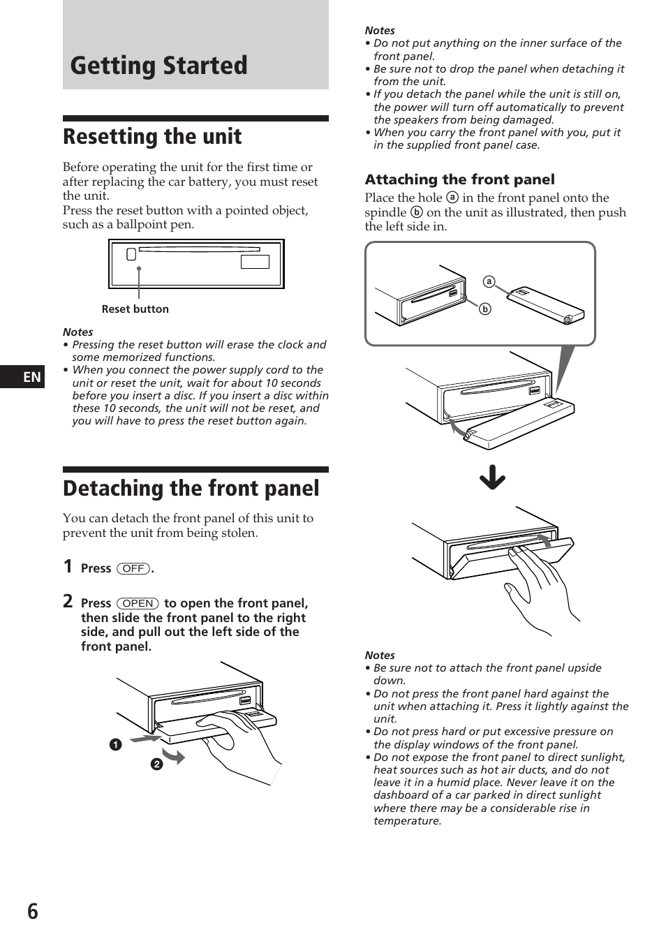 Getting started, Resetting the unit, Detaching the front panel | Sony CDX-C780R User Manual | Page 6 / 144