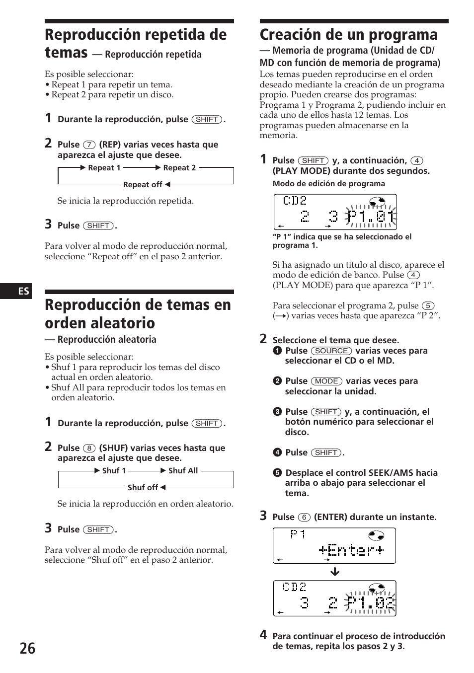 Creación de un programa, Reproducción repetida de temas, Reproducción de temas en orden aleatorio | Sony CDX-C780R User Manual | Page 62 / 144