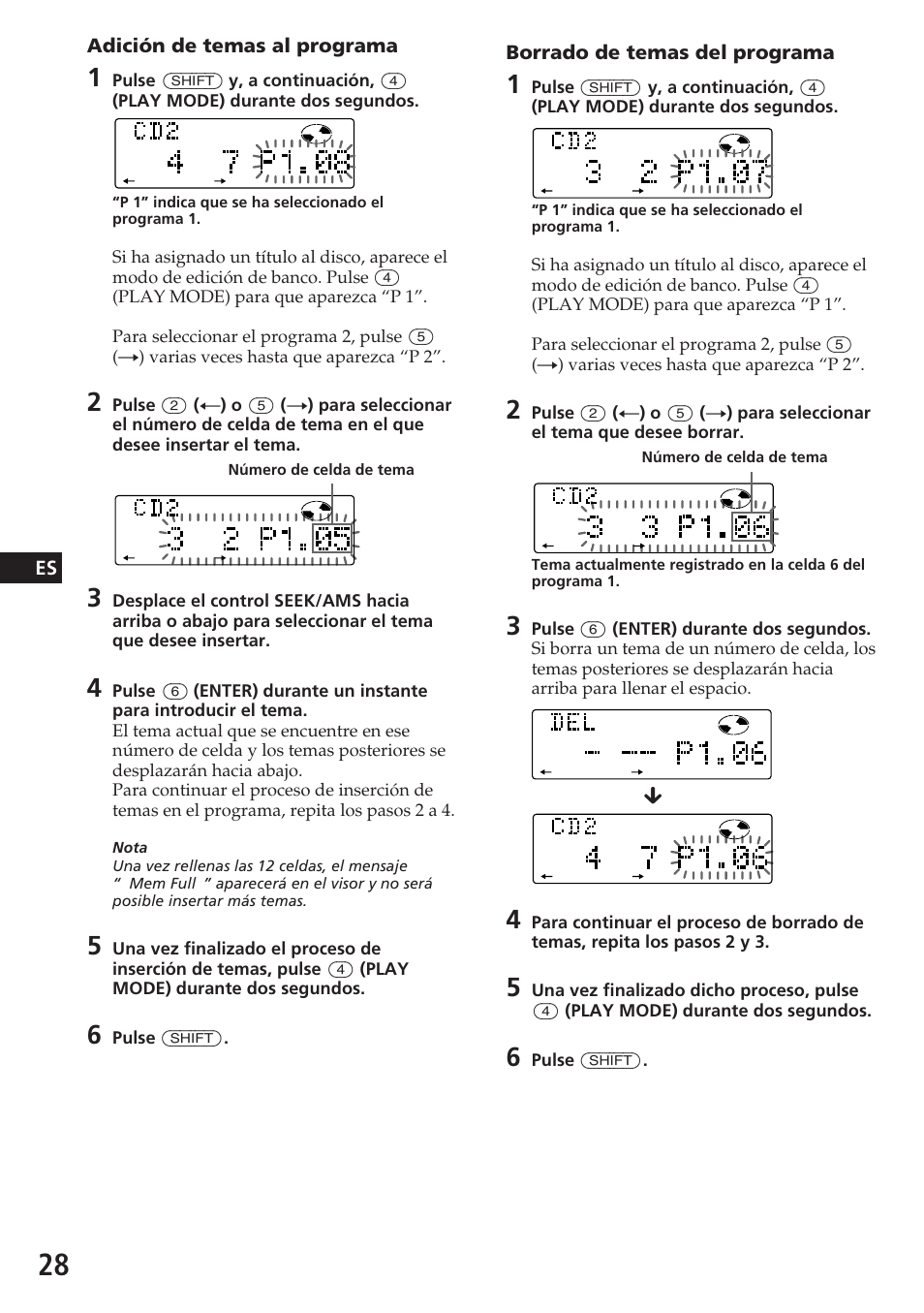Es borrado de temas del programa, Adición de temas al programa | Sony CDX-C780R User Manual | Page 64 / 144