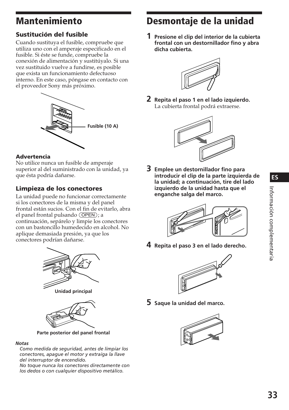 Mantenimiento, Desmontaje de la unidad | Sony CDX-C780R User Manual | Page 69 / 144