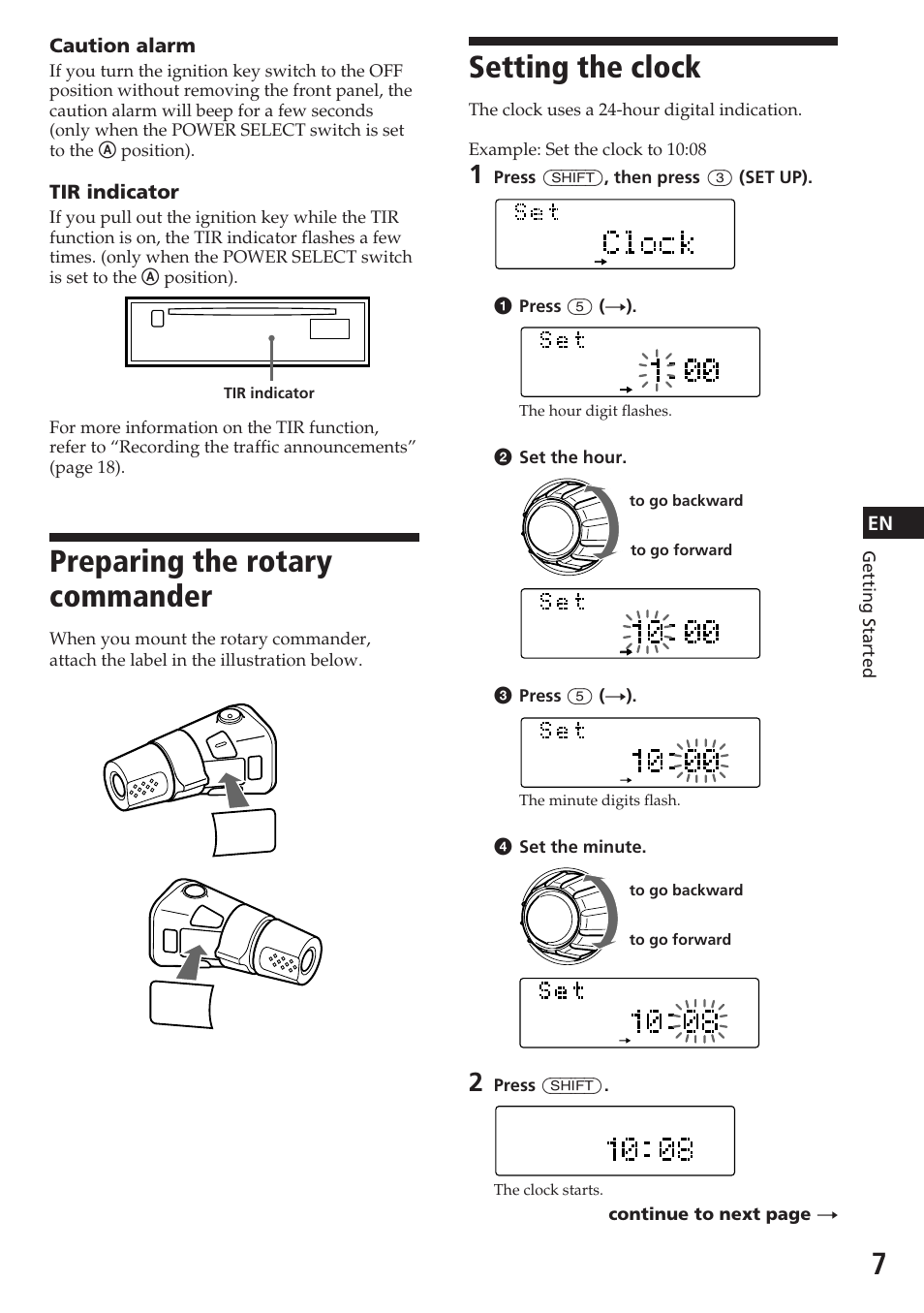 Preparing the rotary commander, Setting the clock, En caution alarm | Tir indicator | Sony CDX-C780R User Manual | Page 7 / 144