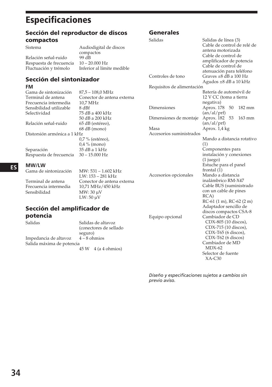 Especificaciones, Sección del reproductor de discos compactos, Sección del sintonizador | Sección del amplificador de potencia, Generales | Sony CDX-C780R User Manual | Page 70 / 144