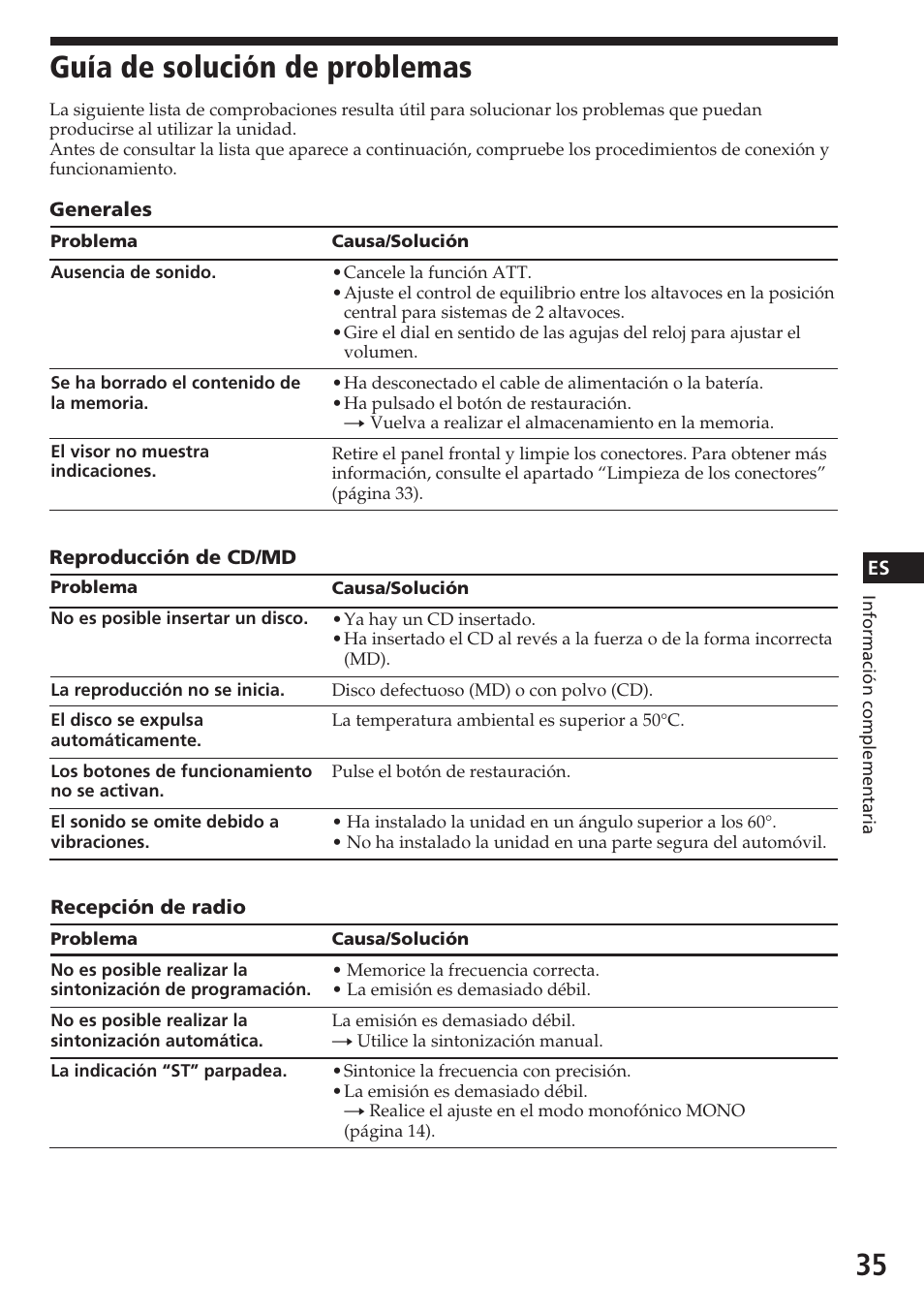 Guía de solución de problemas | Sony CDX-C780R User Manual | Page 71 / 144