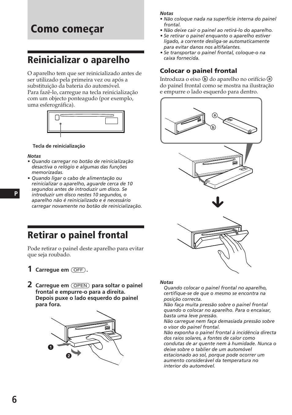 Como começar, Reinicializar o aparelho, Retirar o painel frontal | Sony CDX-C780R User Manual | Page 78 / 144