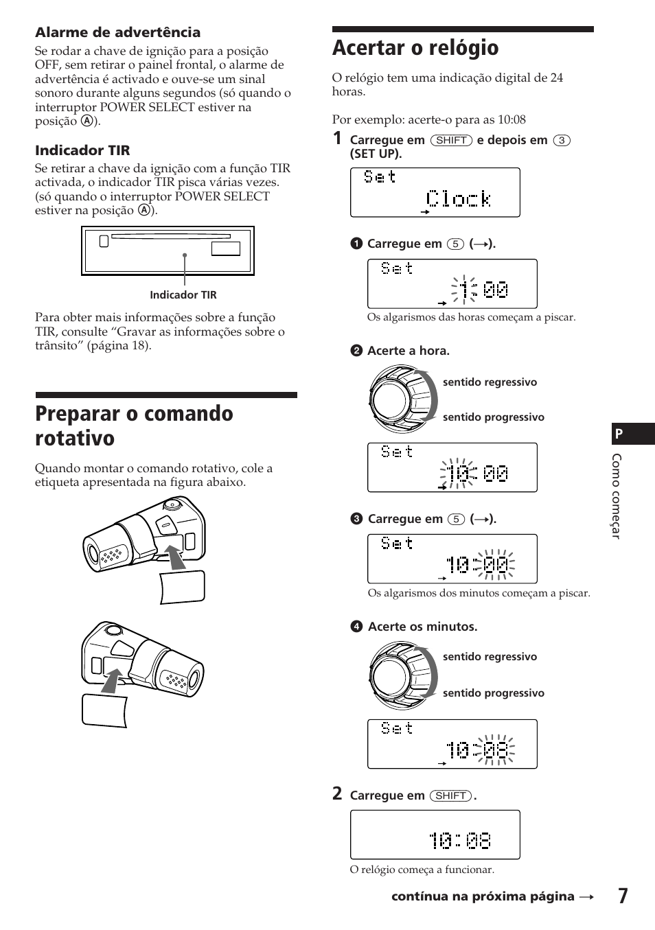Acertar o relógio, Preparar o comando rotativo, Alarme de advertência | Indicador tir | Sony CDX-C780R User Manual | Page 79 / 144