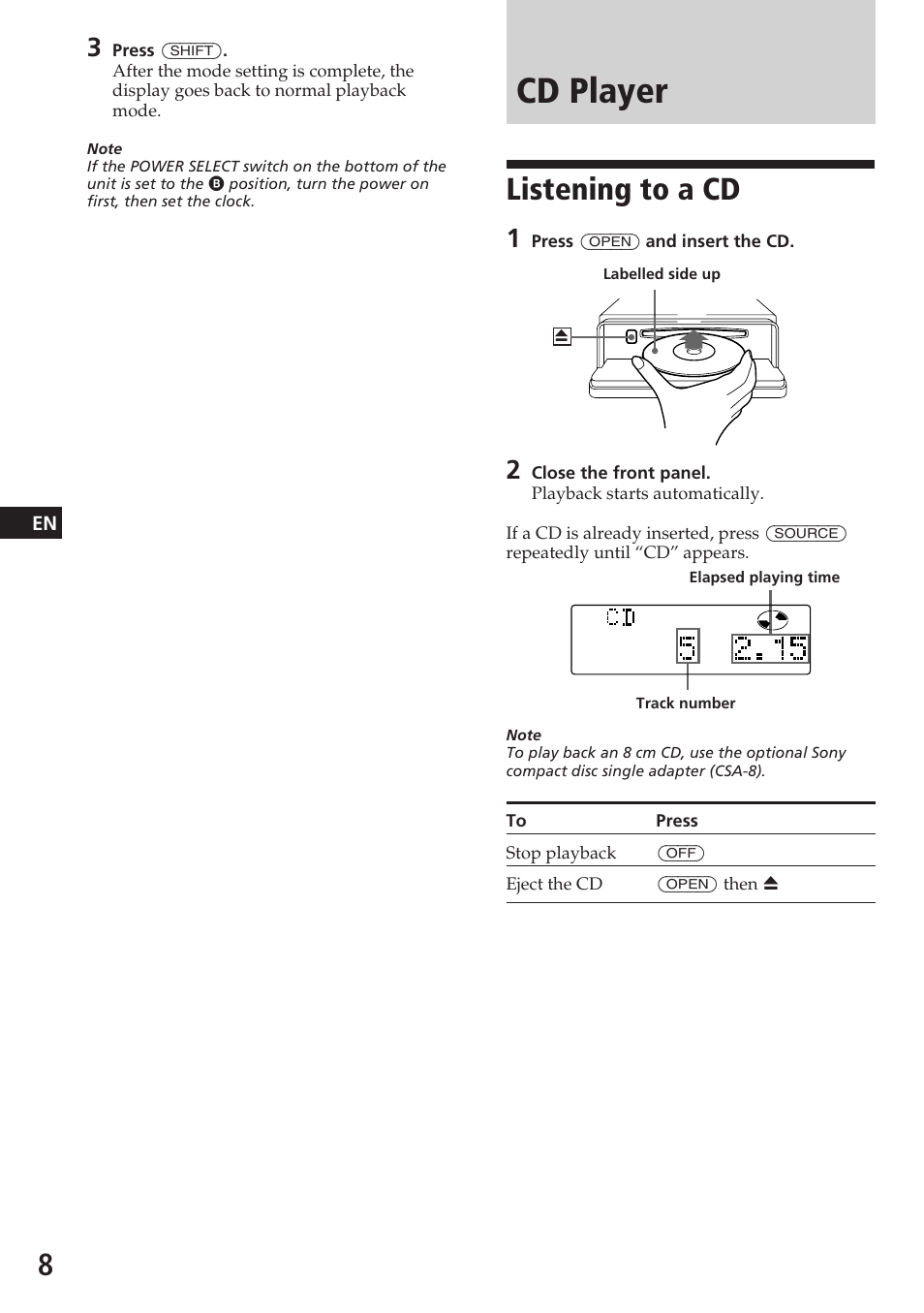 Cd player, Listening to a cd | Sony CDX-C780R User Manual | Page 8 / 144