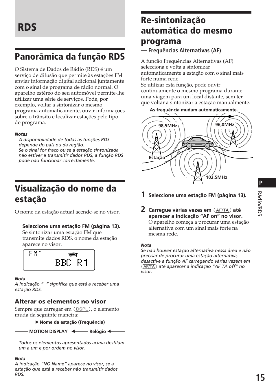 Re-sintonização automática do mesmo programa, Panorâmica da função rds, Visualização do nome da estação | Sony CDX-C780R User Manual | Page 87 / 144