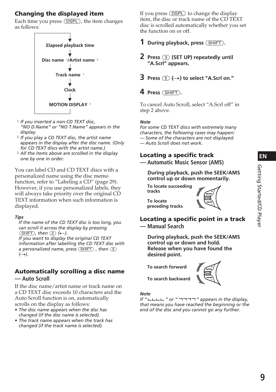 Changing the displayed item, Automatically scrolling a disc name — auto scroll | Sony CDX-C780R User Manual | Page 9 / 144