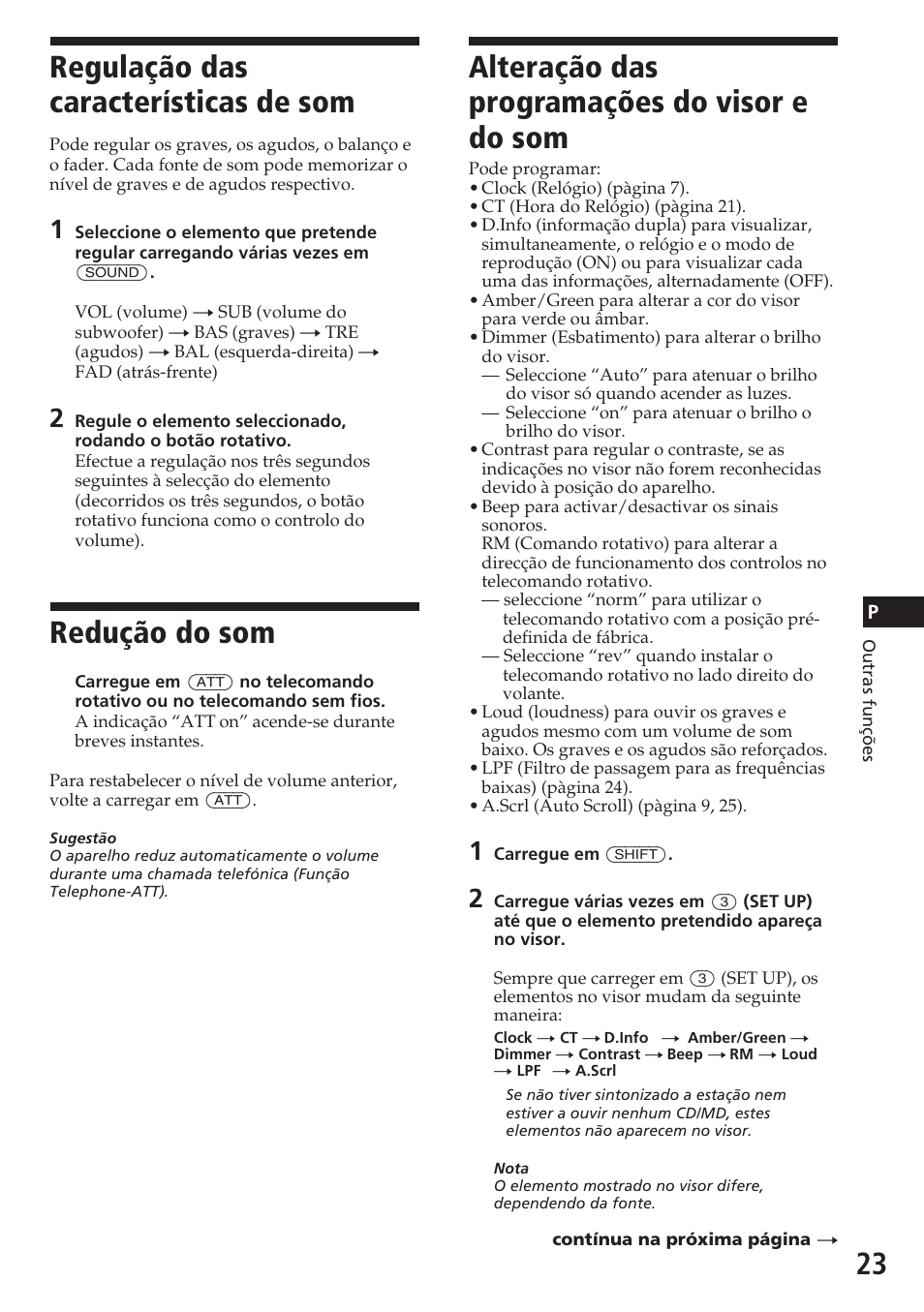 Regulação das características de som, Redução do som, Alteração das programações do visor e do som | Sony CDX-C780R User Manual | Page 95 / 144