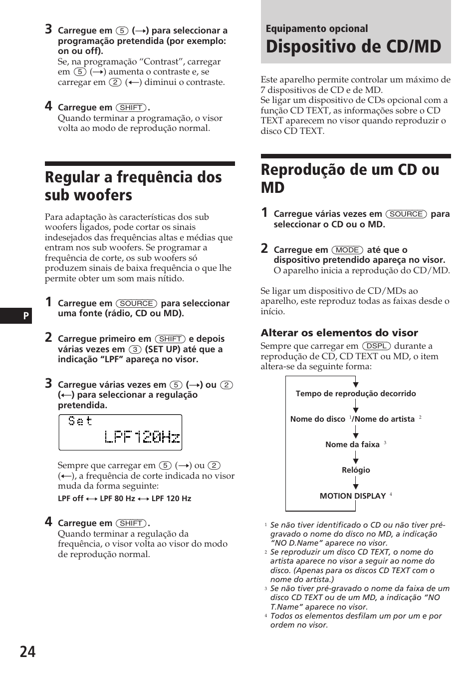 Dispositivo de cd/md, Regular a frequência dos sub woofers, Reprodução de um cd ou md | Sony CDX-C780R User Manual | Page 96 / 144