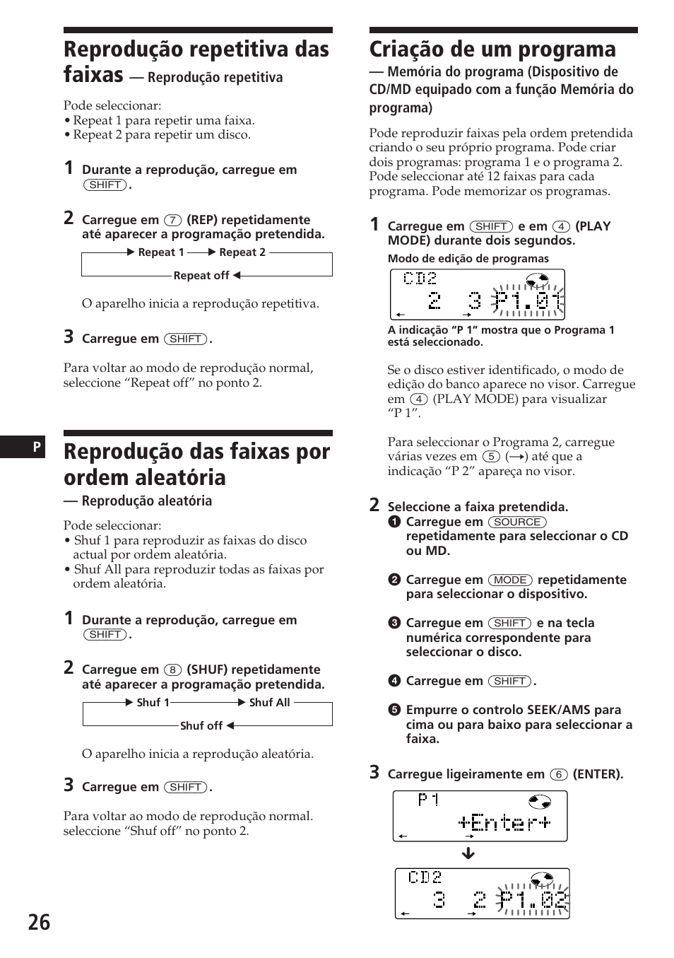Criação de um programa, Reprodução repetitiva das faixas, Reprodução das faixas por ordem aleatória | Sony CDX-C780R User Manual | Page 98 / 144