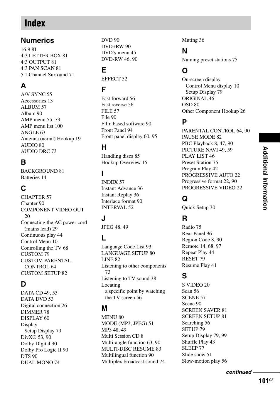 Index, Numerics | Sony DAV X1G User Manual | Page 101 / 103