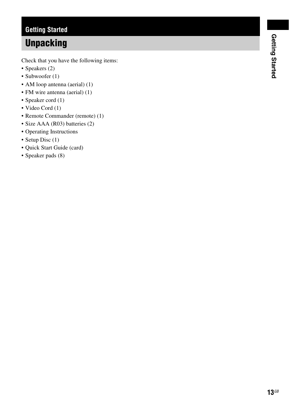 Getting started, Unpacking | Sony DAV X1G User Manual | Page 13 / 103