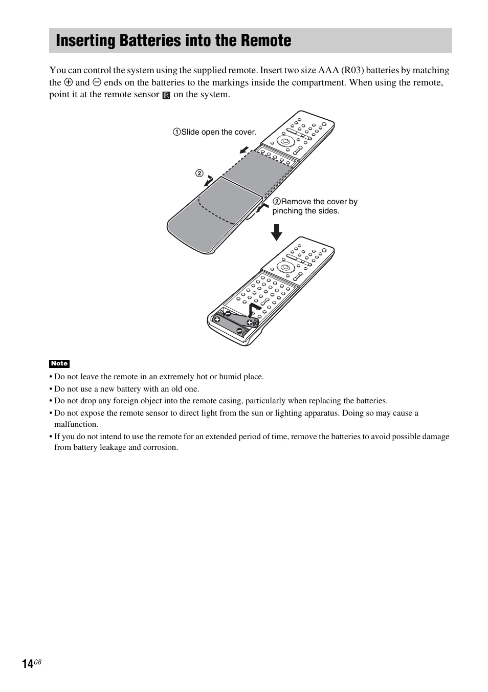 Inserting batteries into the remote | Sony DAV X1G User Manual | Page 14 / 103