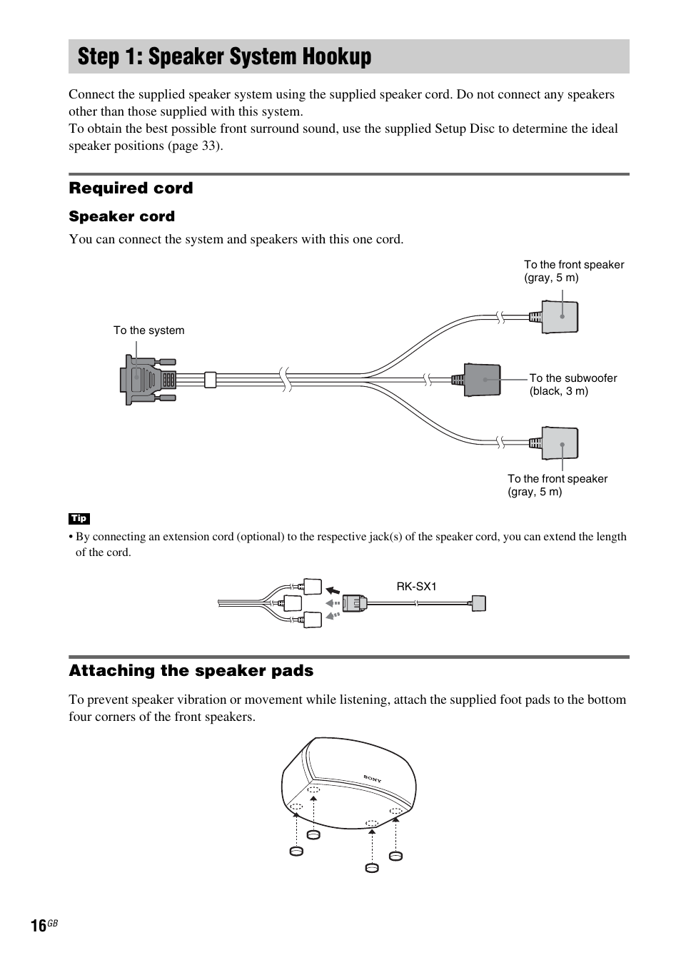 Step 1: speaker system hookup, Required cord, Attaching the speaker pads | Sony DAV X1G User Manual | Page 16 / 103