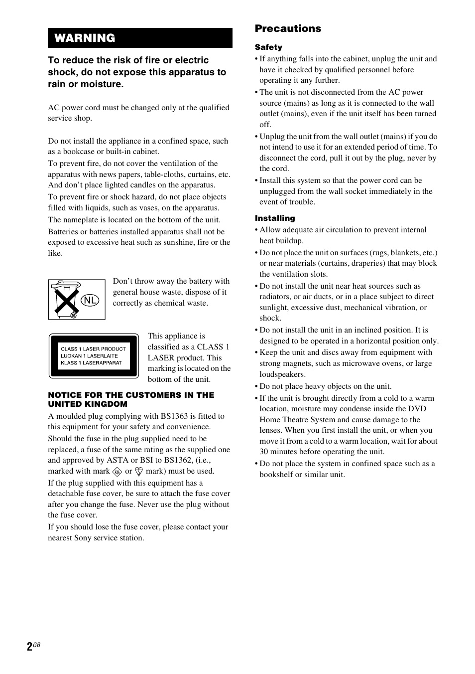 Warning, Precautions | Sony DAV X1G User Manual | Page 2 / 103