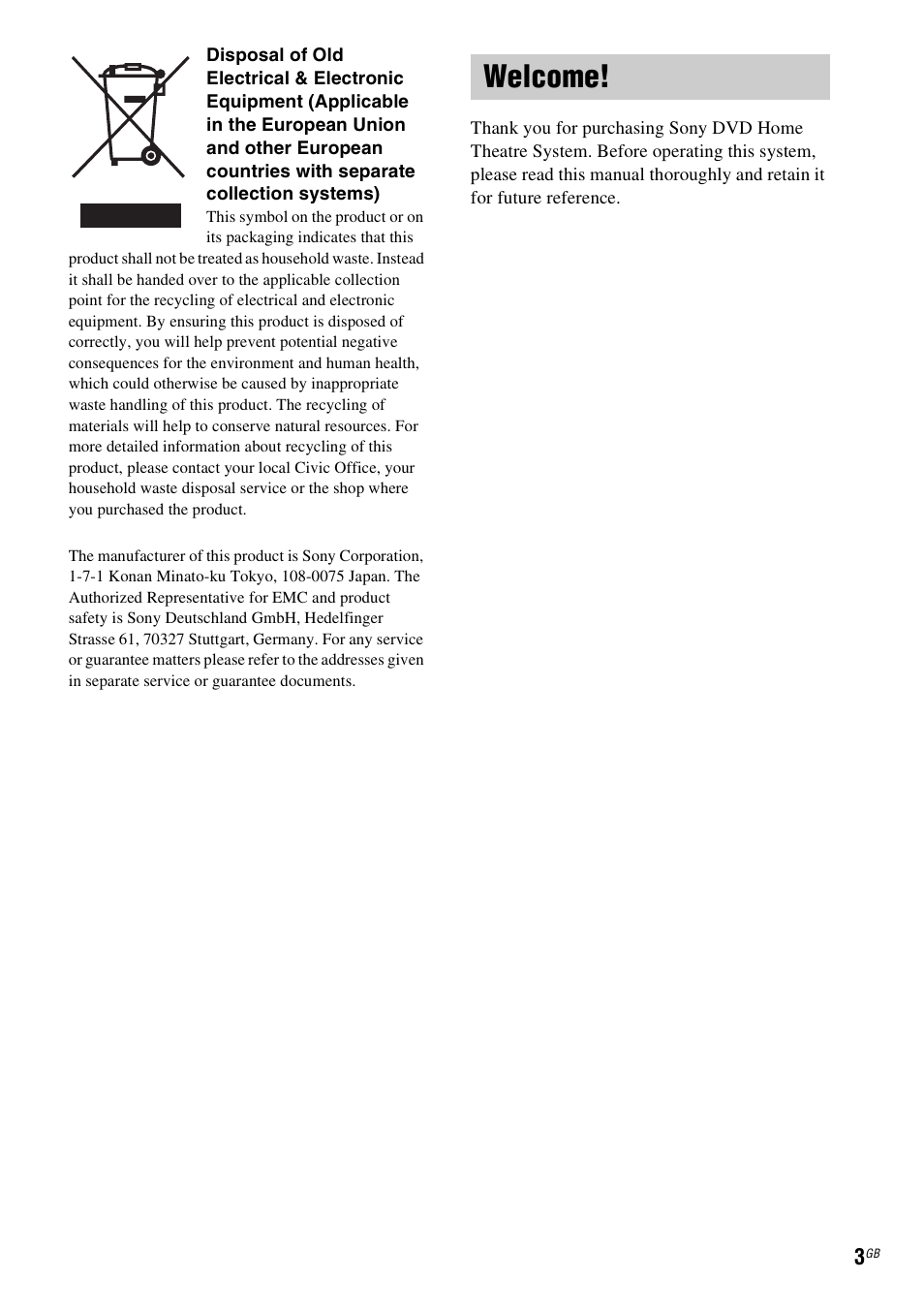 Welcome | Sony DAV X1G User Manual | Page 3 / 103