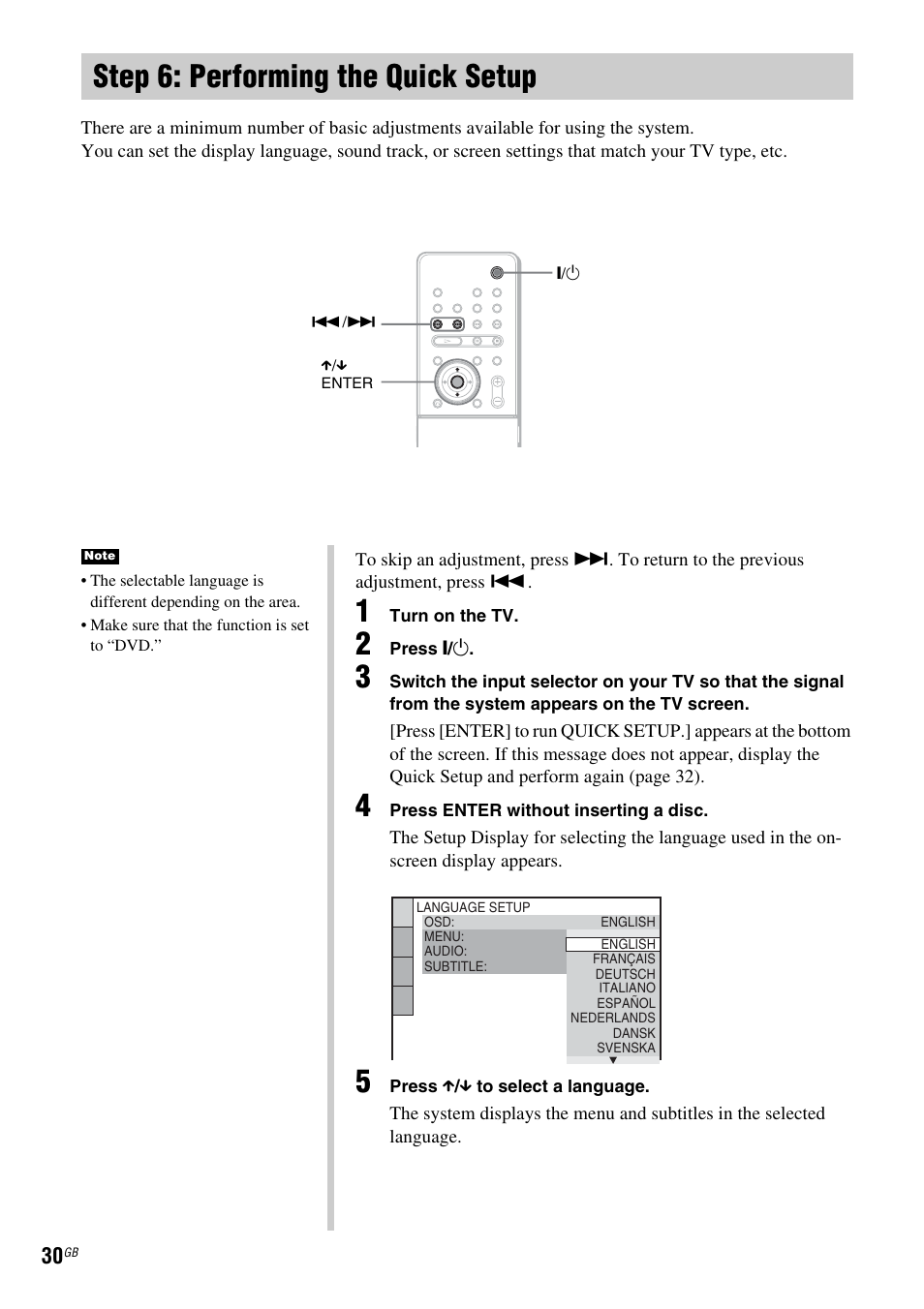 Step 6: performing the quick setup | Sony DAV X1G User Manual | Page 30 / 103