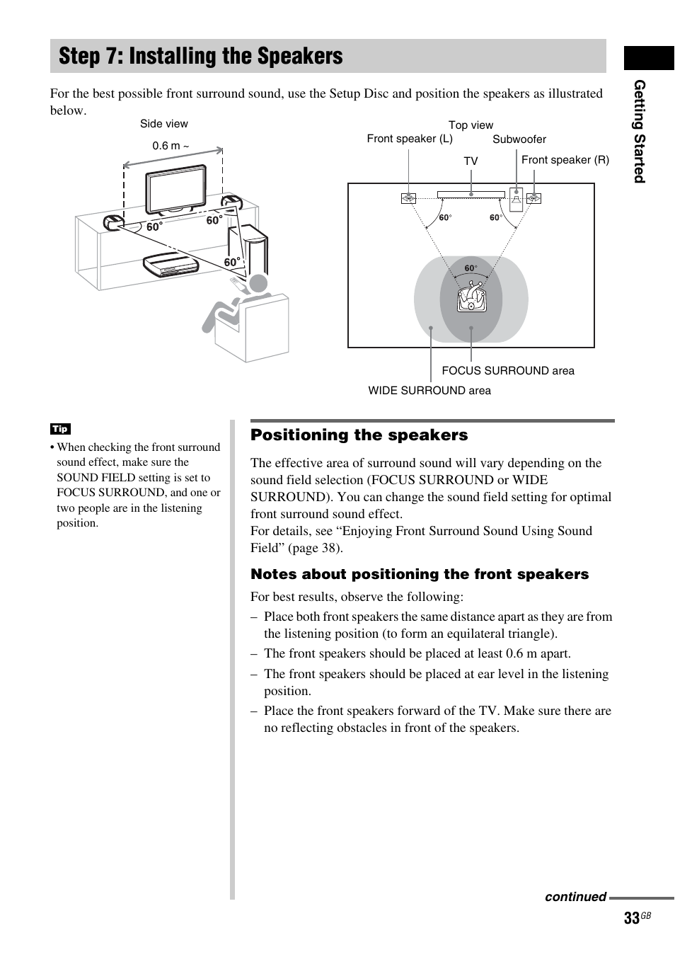 Step 7: installing the speakers, Positioning the speakers | Sony DAV X1G User Manual | Page 33 / 103