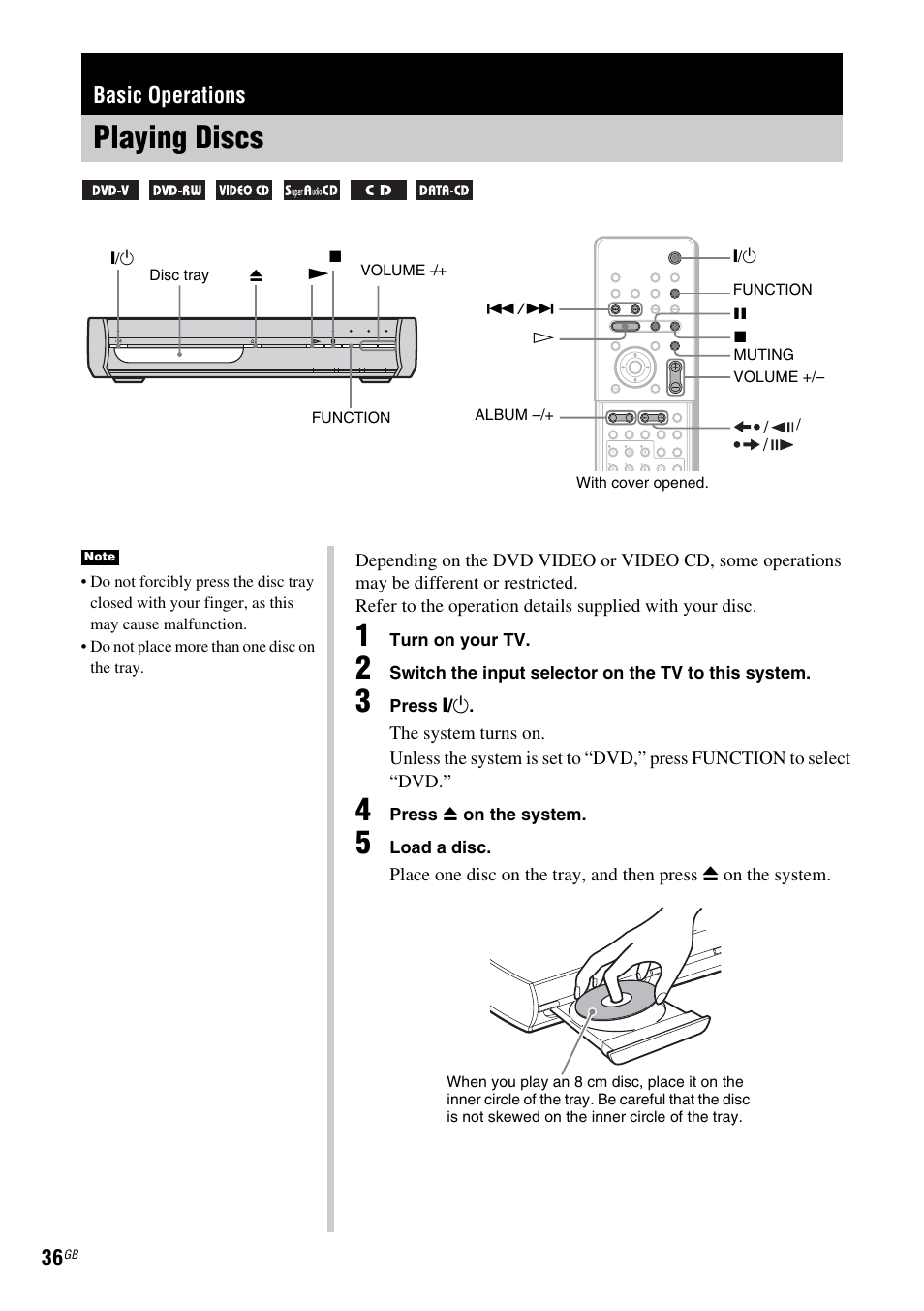 Basic operations, Playing discs | Sony DAV X1G User Manual | Page 36 / 103