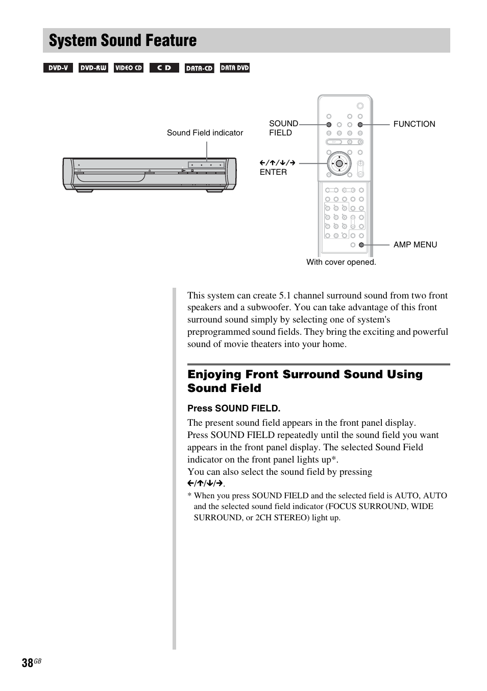 System sound feature, Enjoying front surround sound using sound field | Sony DAV X1G User Manual | Page 38 / 103