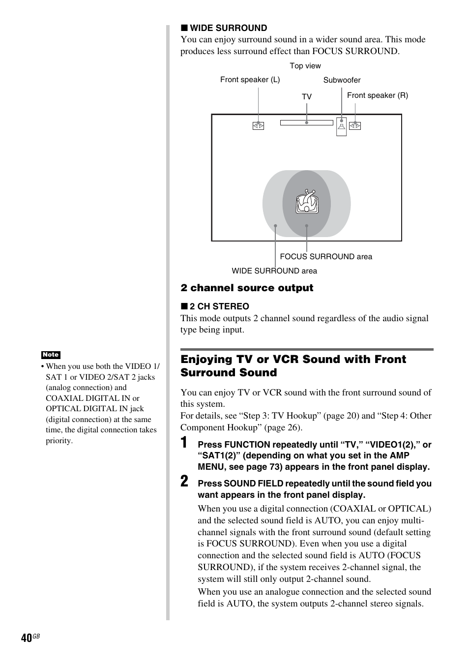 Enjoying tv or vcr sound with front surround sound | Sony DAV X1G User Manual | Page 40 / 103