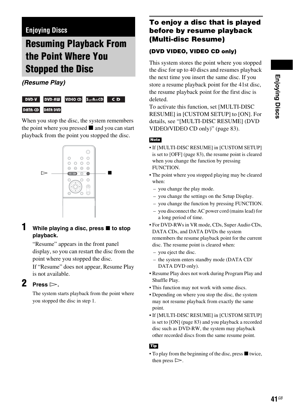 Enjoying discs, Resume play), Resuming playback from the point where | You stopped the disc (resume play) | Sony DAV X1G User Manual | Page 41 / 103
